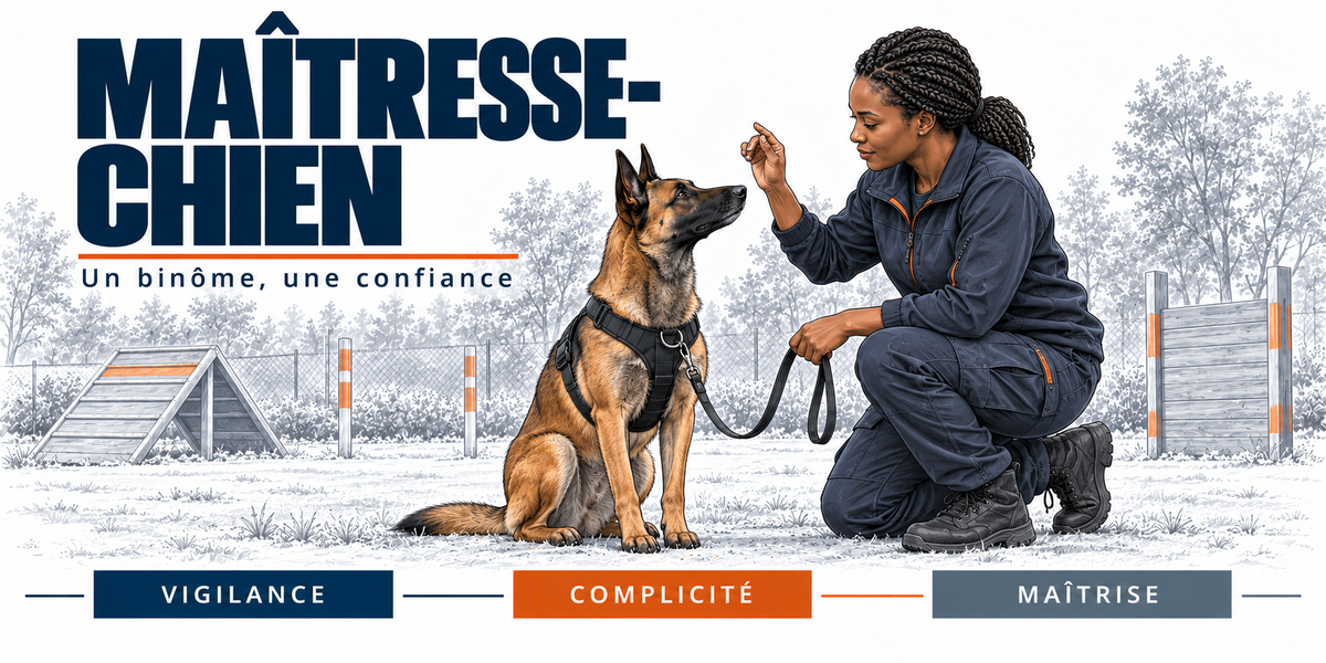 Design du mug Maîtresse-Chien : titre en capitales bleu marine, la maîtresse-chien aux tresses, accroupie en tenue bleu marine, doigt levé face à son berger belge malinois assis en harnais, le parcours d'agility et la clôture en arrière-plan, cartouches Vigilance, Complicité, Maîtrise
