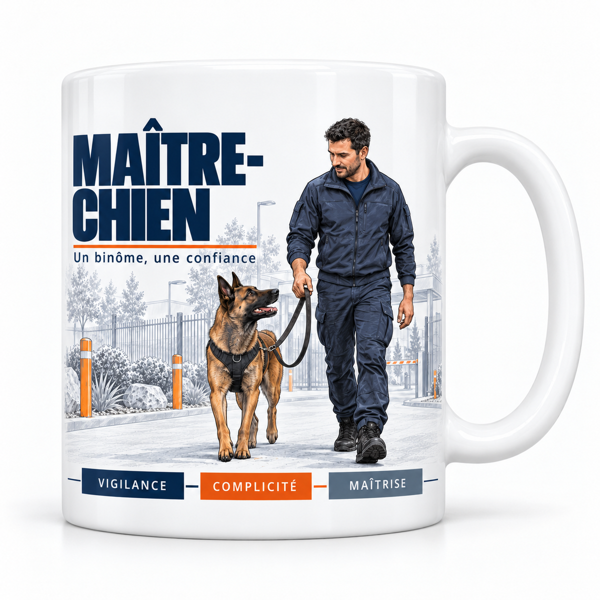 Mug céramique blanc Maître-Chien : le maître-chien en tenue bleu marine qui patrouille avec son berger belge malinois en laisse le long d'une clôture et d'une barrière, devise Un binôme, une confiance