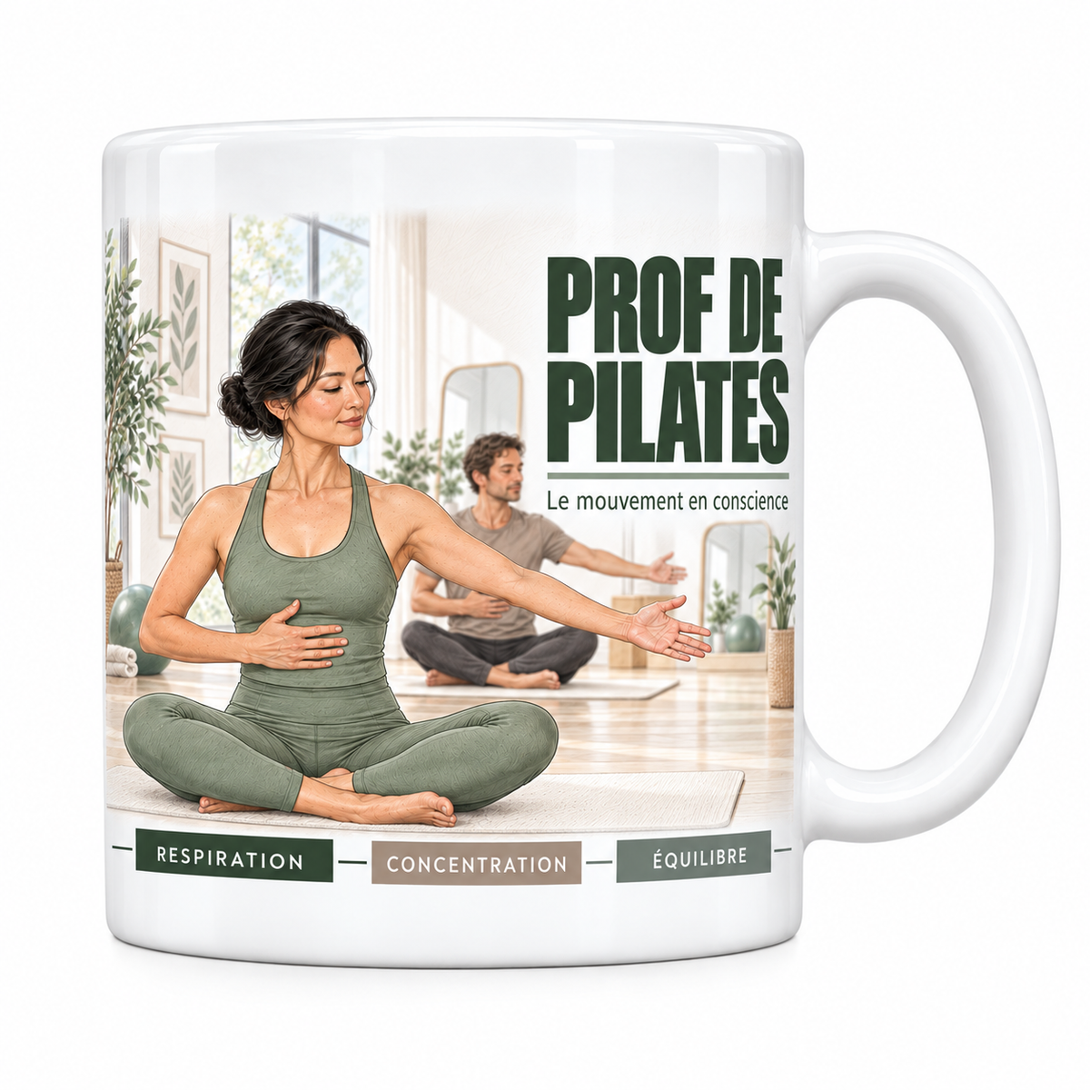 Mug céramique blanc Prof de Pilates : professeure en tenue vert sauge assise en tailleur sur un tapis, main sur le ventre, studio clair, devise Le mouvement en conscience