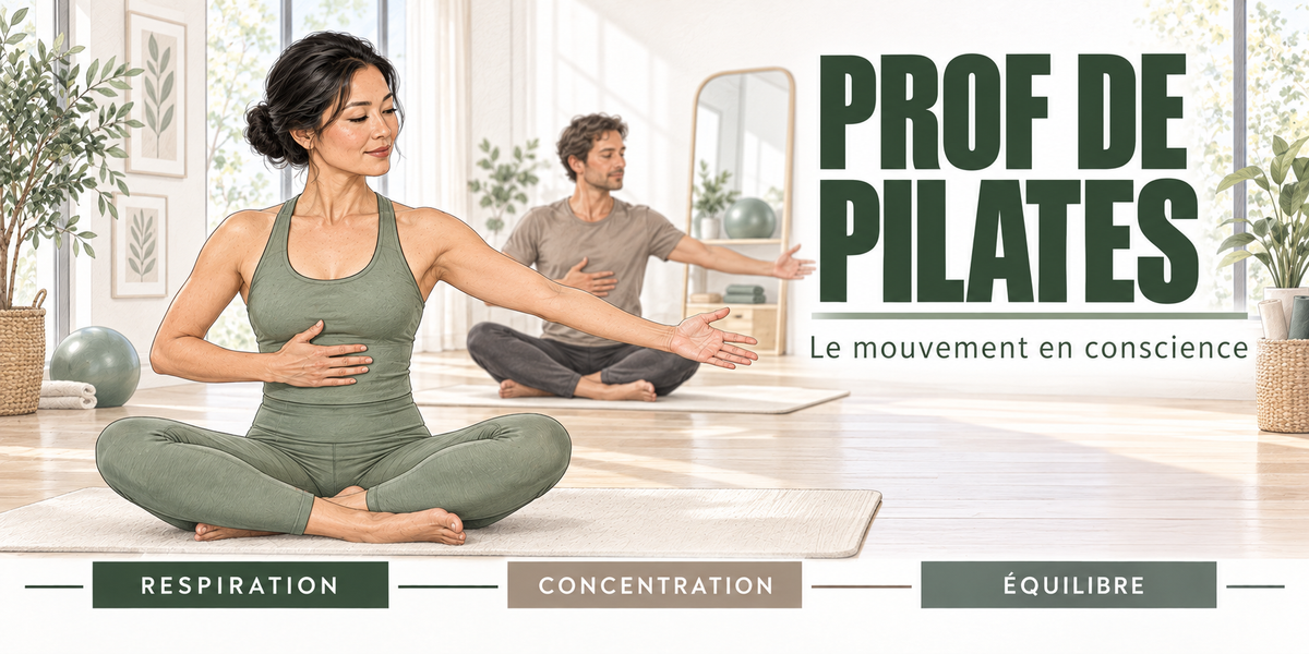 Design du mug Prof de Pilates : titre en capitales vert sauge, professeure en tailleur sur son tapis, élève bras ouverts, miroir, plantes et ballon, cartouches Respiration, Concentration, Équilibre