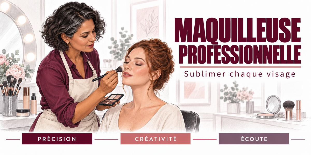 Design du mug Maquilleuse Professionnelle : titre en capitales bordeaux, la maquilleuse aux cheveux poivre et sel, tablier clair sur chemise bordeaux, pinceau en main, qui poudre les pommettes d'une cliente rousse aux yeux clos, le miroir à ampoules, les pinceaux et les fleurs, cartouches Précision, Créativité, Écoute