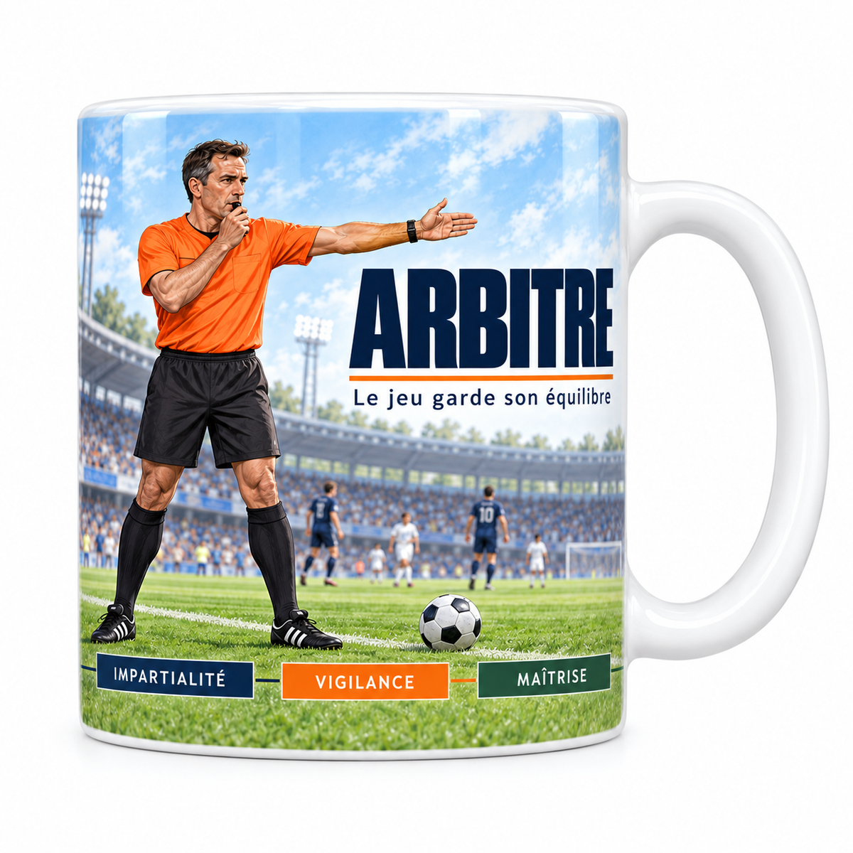 Mug céramique blanc Arbitre : arbitre en maillot orange, sifflet aux lèvres et bras tendu sur la pelouse d'un stade plein, devise Le jeu garde son équilibre