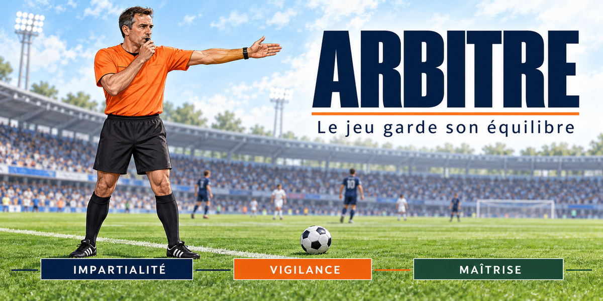 Design du mug Arbitre : titre en capitales bleu marine, arbitre en maillot orange bras tendu, stade, ballon et joueurs, cartouches Impartialité, Vigilance, Maîtrise