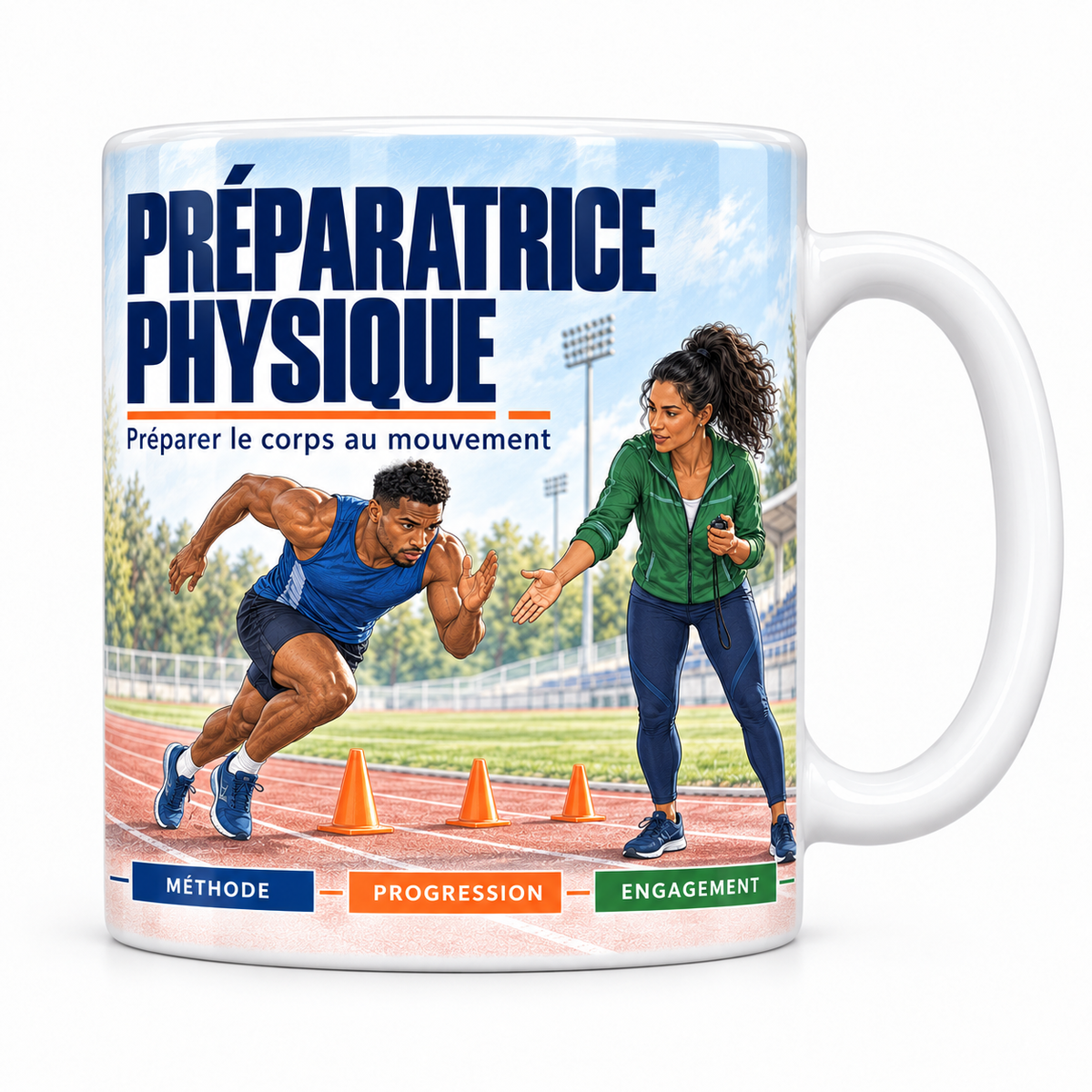 Mug céramique blanc Préparatrice Physique : la préparatrice en veste verte, chronomètre en main, qui lance un sprinteur en maillot bleu entre des cônes orange sur une piste d'athlétisme, devise Préparer le corps au mouvement