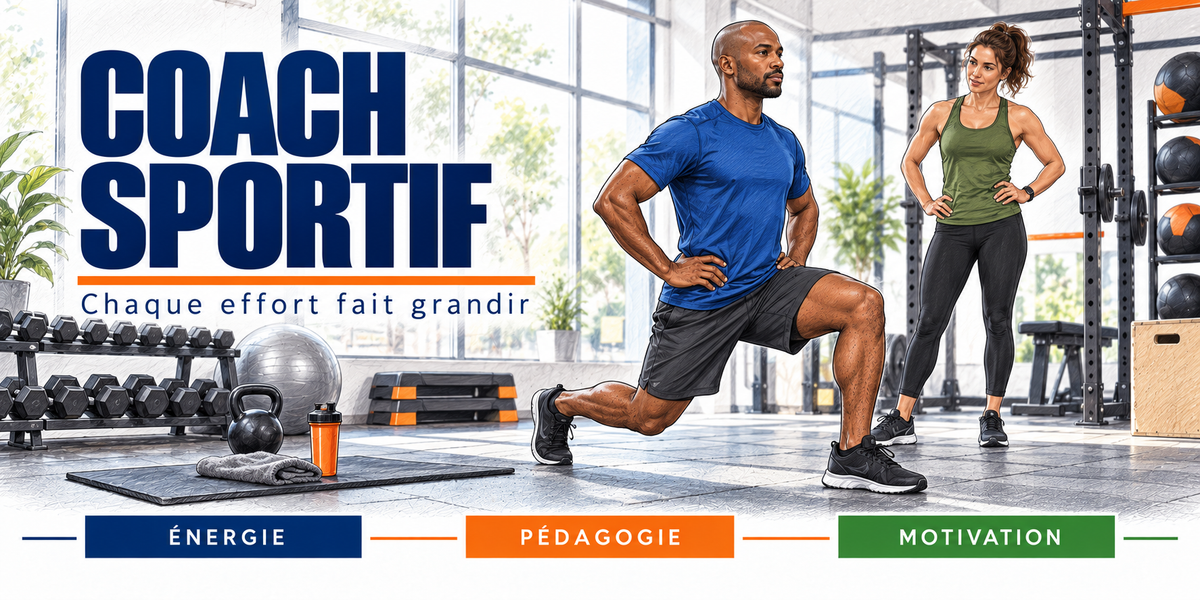 Design du mug Coach Sportif : titre en capitales bleu marine, coach en fente avant mains sur les hanches, sportive qui l'observe, haltères, kettlebell, ballon et step, cartouches Énergie, Pédagogie, Motivation