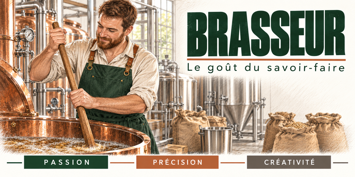Design du mug Brasseur : titre en capitales vert bouteille, le brasseur barbu en chemise claire et tablier vert, qui remue le brassin à la pelle de bois dans une cuve de cuivre, les fermenteurs inox et les sacs de malt de la brasserie derrière lui, cartouches Passion, Précision, Créativité