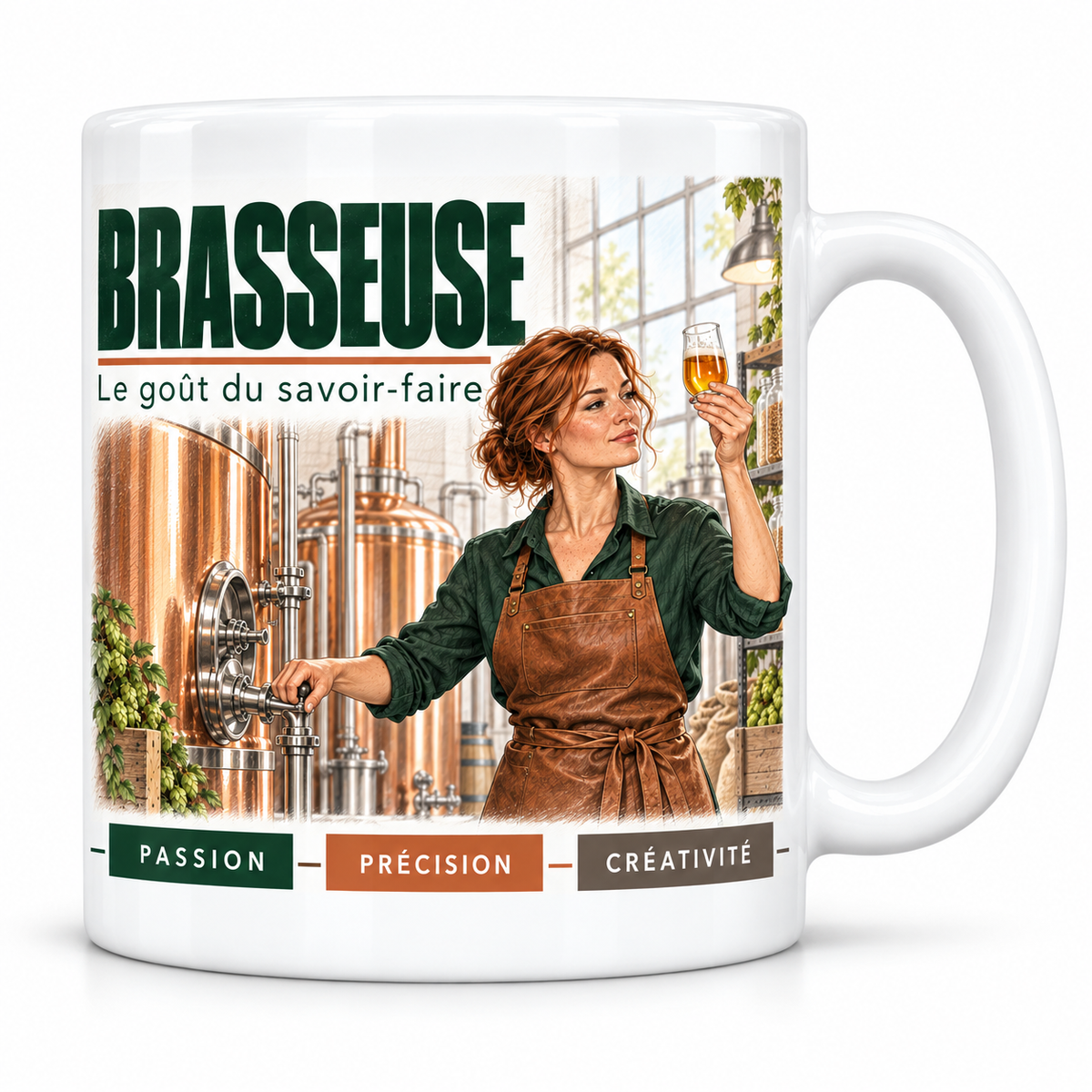 Mug céramique blanc Brasseuse : la brasseuse rousse en chemise verte et tablier de cuir brun, devise Le goût du savoir-faire, cartouches Passion, Précision, Créativité