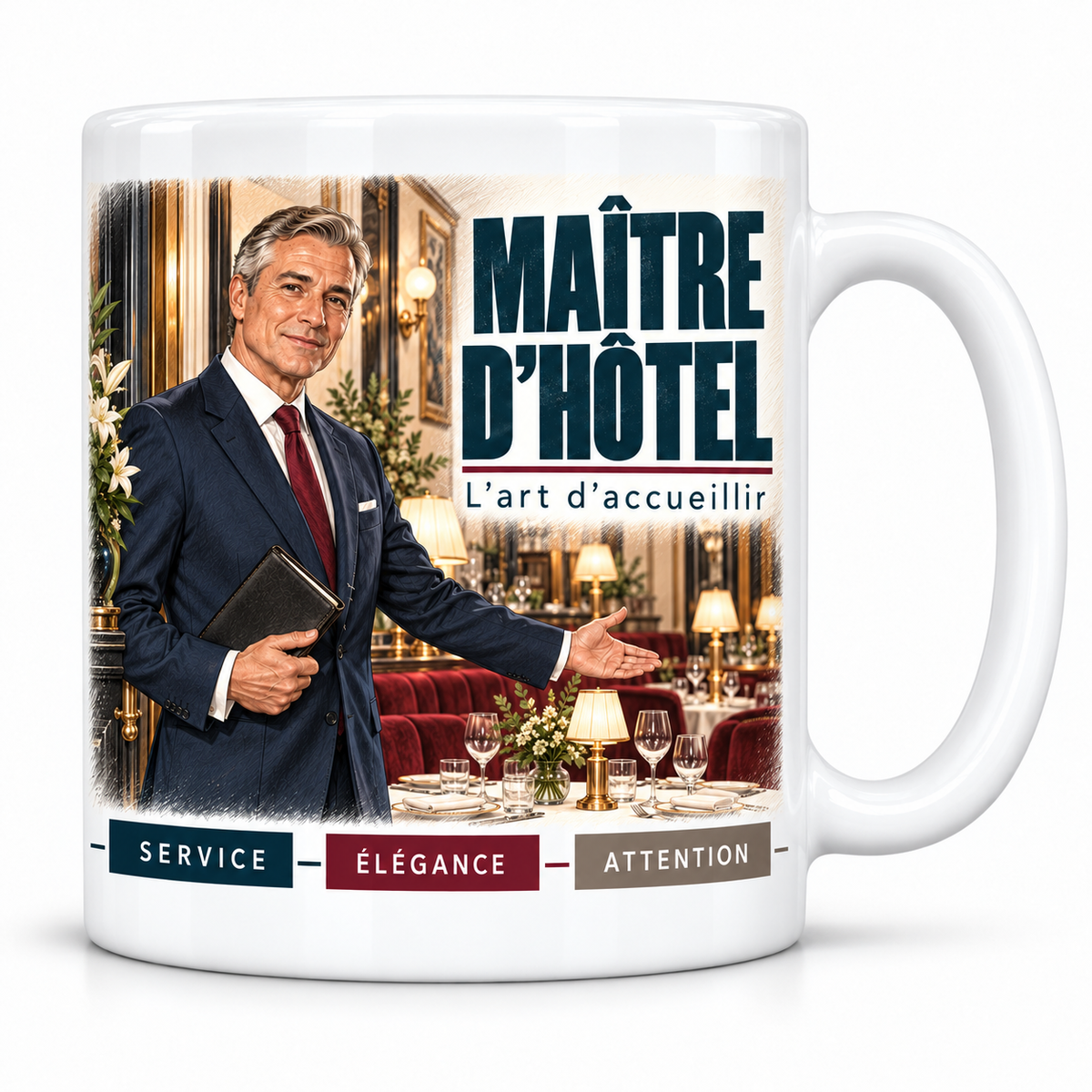 Mug céramique blanc Maître d'Hôtel : le maître d'hôtel aux tempes grises en costume bleu marine et cravate bordeaux, devise L'art d'accueillir, cartouches Service, Élégance, Attention