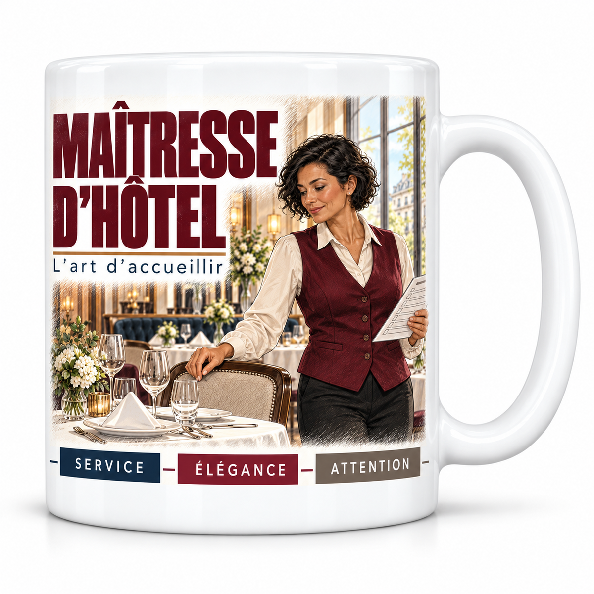 Mug céramique blanc Maîtresse d'Hôtel : la maîtresse d'hôtel brune en chemise blanche et gilet bordeaux, devise L'art d'accueillir, cartouches Service, Élégance, Attention