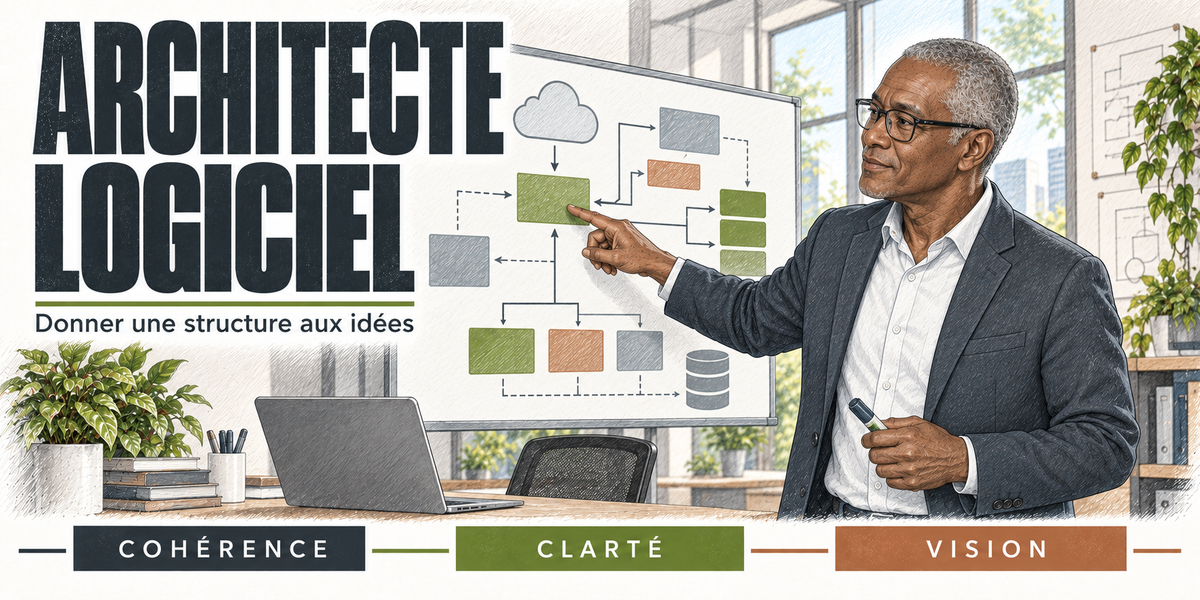 Design du mug Architecte Logiciel : titre en capitales noires, l'architecte logiciel aux cheveux gris et lunettes, en veste sombre et chemise blanche, qui désigne au feutre un schéma d'architecture sur le tableau blanc, nuage, blocs reliés et base de données, l'ordinateur portable et les plantes du bureau vitré derrière lui, cartouches Cohérence, Clarté, Vision