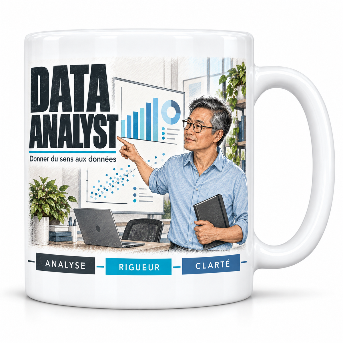 Mug céramique blanc Data Analyst : le data analyst aux cheveux gris et lunettes, devise Donner du sens aux données, cartouches Analyse, Rigueur, Clarté