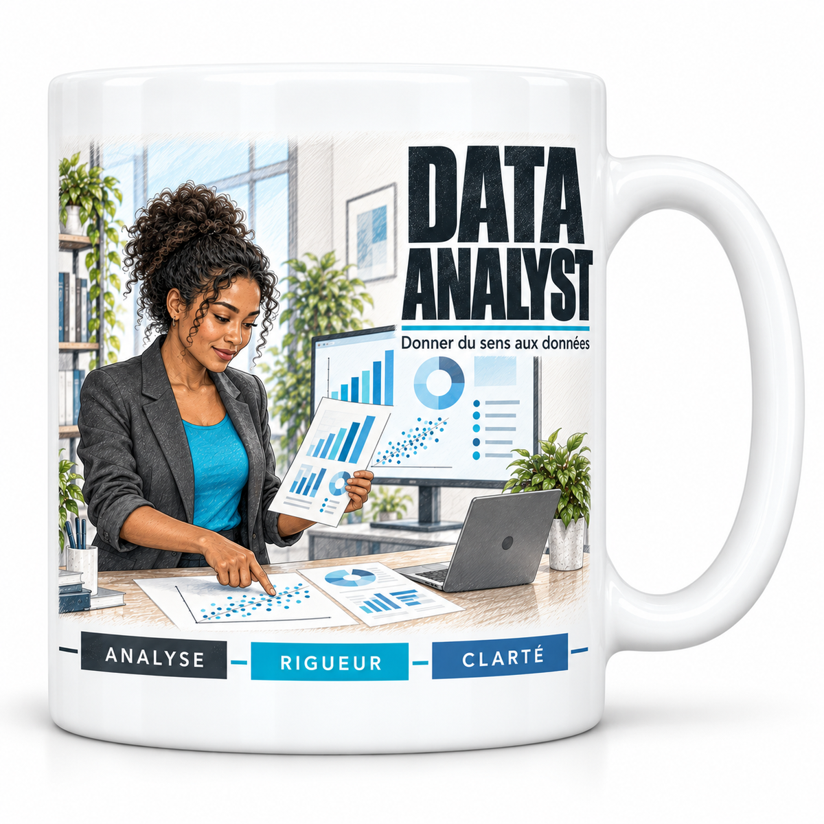 Mug céramique blanc Data Analyst Femme : la data analyst aux boucles brunes, devise Donner du sens aux données, cartouches Analyse, Rigueur, Clarté