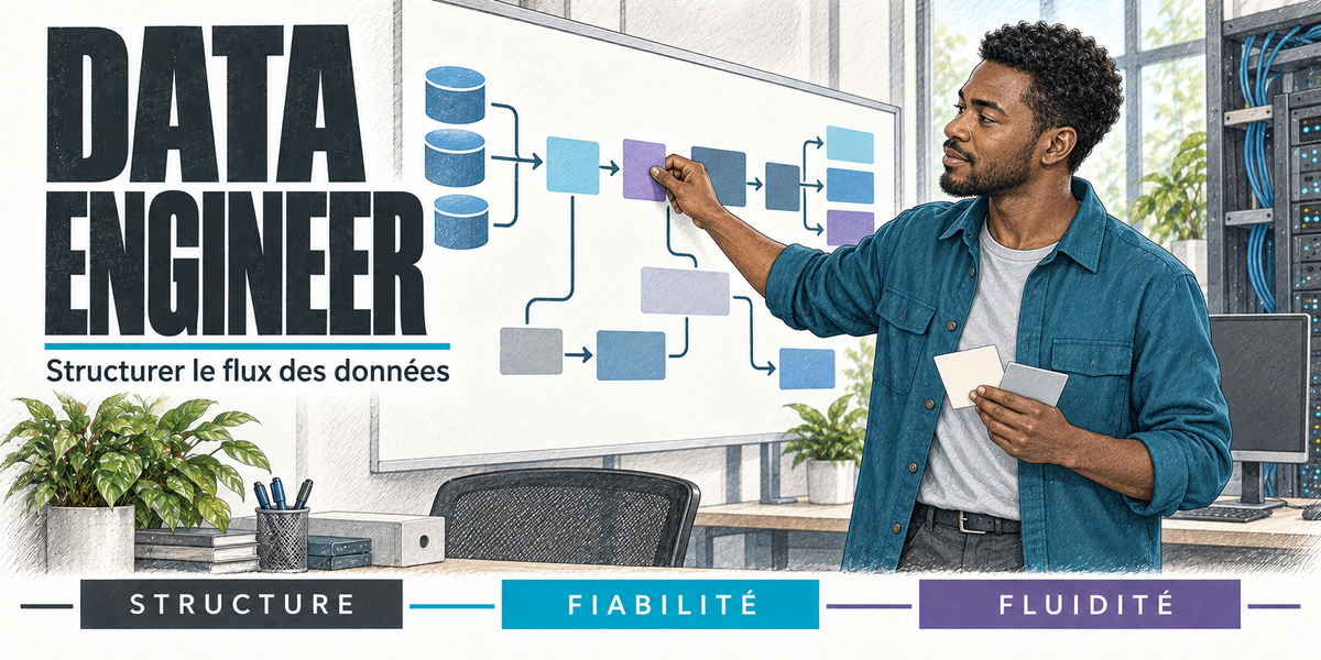 Design du mug Data Engineer : titre en capitales noires, le data engineer en chemise bleu canard sur un tee-shirt blanc, qui trace un pipeline de données sur le tableau blanc, cylindres de bases de données reliés à des blocs bleus et violets, l'armoire de serveurs et l'ordinateur portable du bureau derrière lui, cartouches Structure, Fiabilité, Fluidité