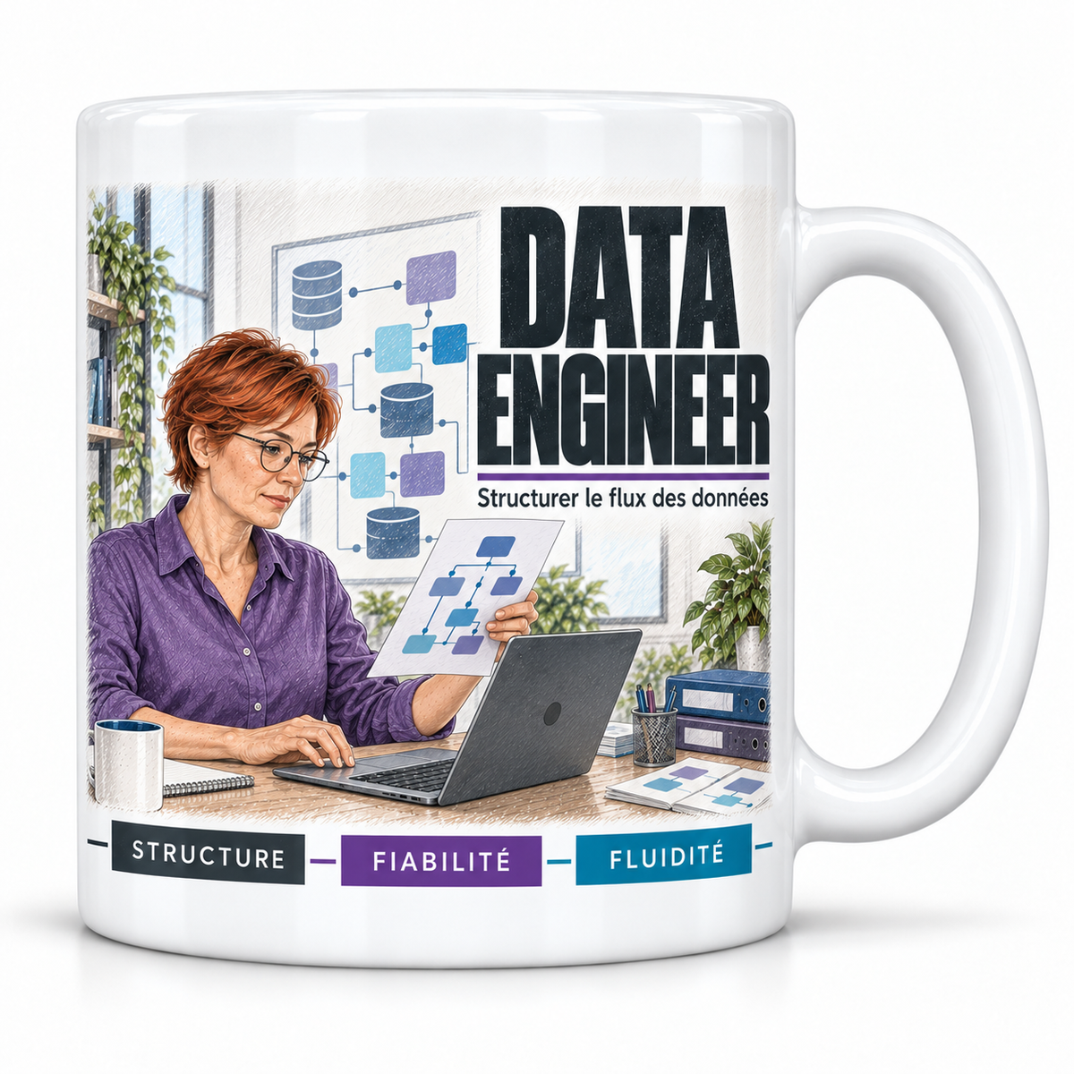Mug céramique blanc Data Engineer Femme : la data engineer rousse à lunettes en chemise violette, devise Structurer le flux des données, cartouches Structure, Fiabilité, Fluidité