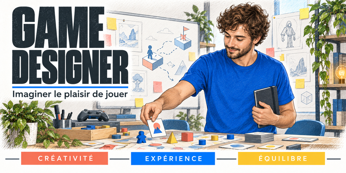 Design du mug Game Designer : titre en capitales noires, le game designer aux boucles châtain, en tee-shirt bleu, un carnet sous le bras, qui dispose des cartes et des pions colorés sur la table de prototypage, la manette et les pièces de jeu devant lui, les croquis de niveaux et de personnages épinglés au mur, cartouches Créativité, Expérience, Équilibre