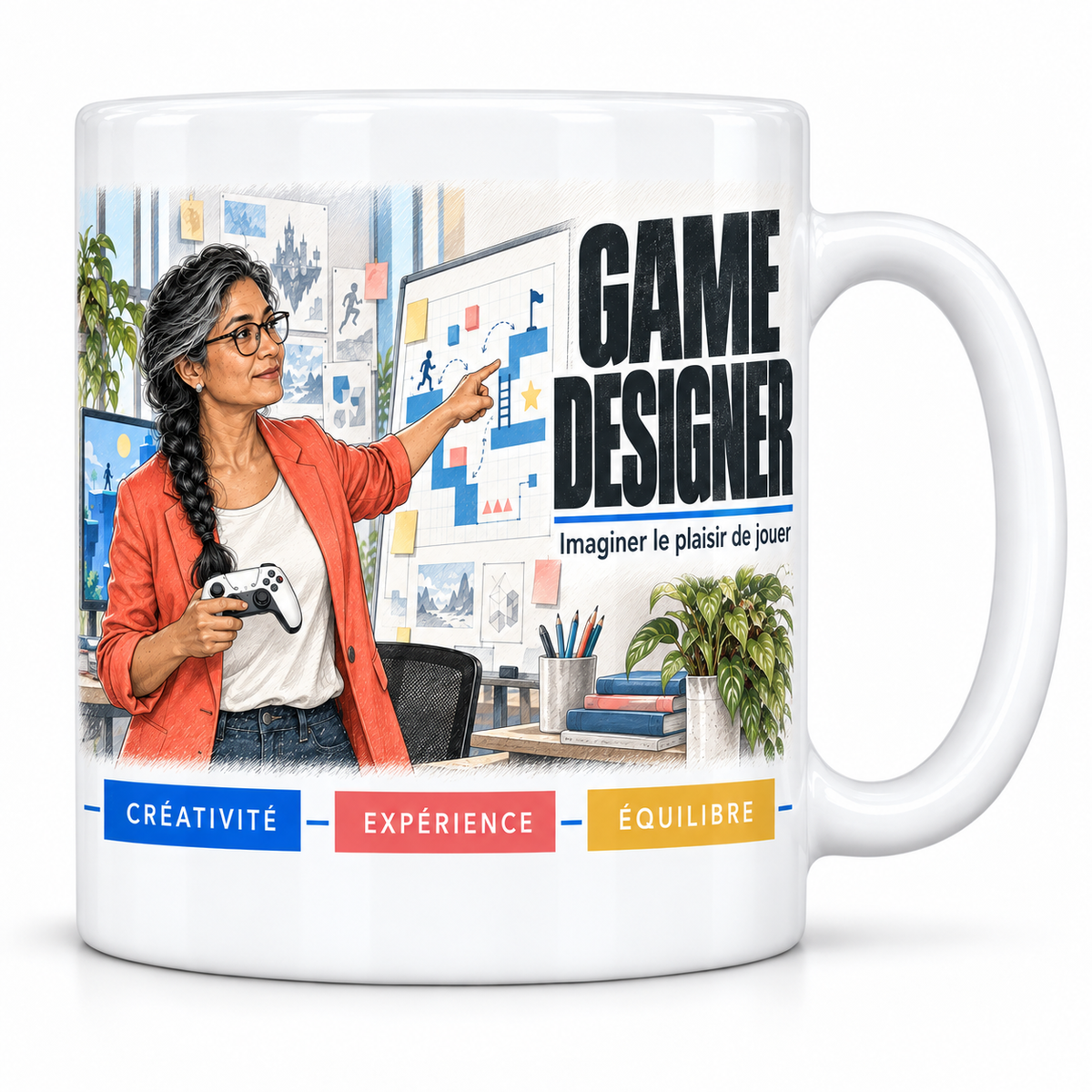 Mug céramique blanc Game Designer Femme : la game designer aux cheveux gris et lunettes, devise Imaginer le plaisir de jouer, cartouches Créativité, Expérience, Équilibre
