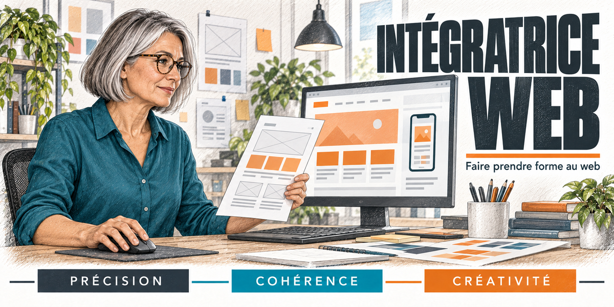 Design du mug Intégratrice Web : titre en capitales noires, l'intégratrice web au carré gris et lunettes, en chemise bleu canard, assise devant son écran, une maquette filaire à la main, les blocs orange de la page et le smartphone affichés, les gabarits et les nuanciers posés sur le bureau, cartouches Précision, Cohérence, Créativité