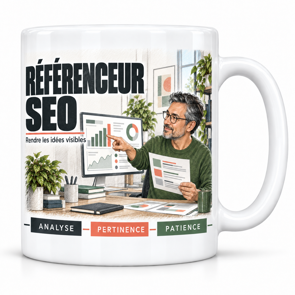 Mug céramique blanc Référenceur SEO : le référenceur SEO aux tempes grises et lunettes, devise Rendre les idées visibles, cartouches Analyse, Pertinence, Patience