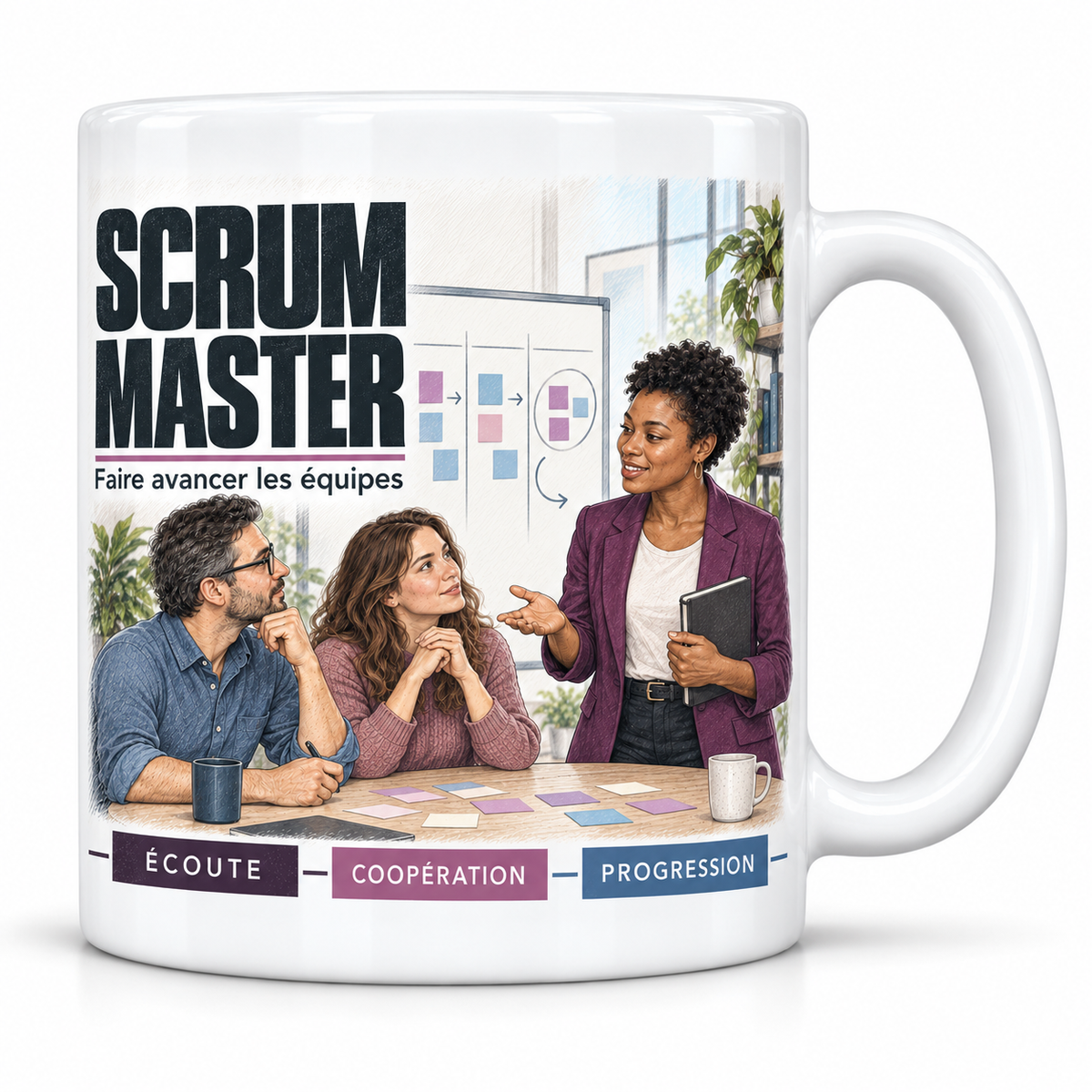 Mug céramique blanc Scrum Master Femme : la scrum master aux boucles brunes, devise Faire avancer les équipes, cartouches Écoute, Coopération, Progression