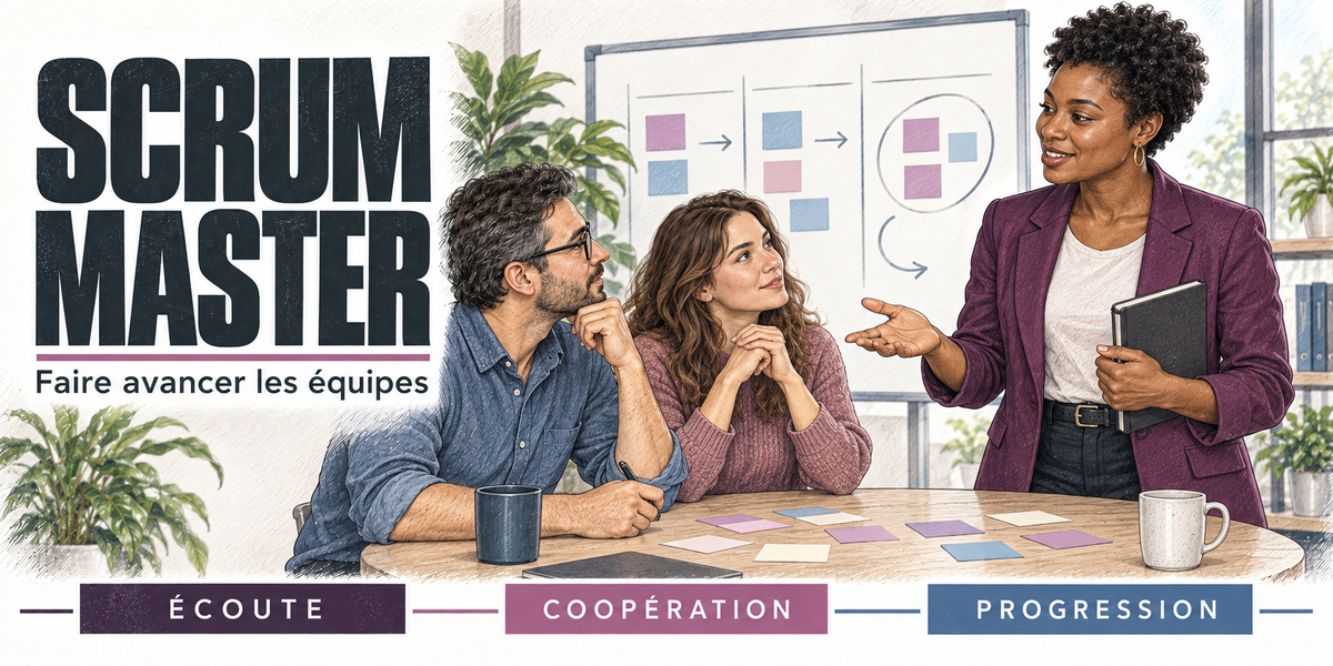 Design du mug Scrum Master Femme : titre en capitales noires, la scrum master aux boucles brunes, en blazer prune, un carnet contre elle, qui anime une réunion autour de la table avec deux collègues et des post-it colorés, le schéma de flux au tableau et les mugs sur la table, cartouches Écoute, Coopération, Progression