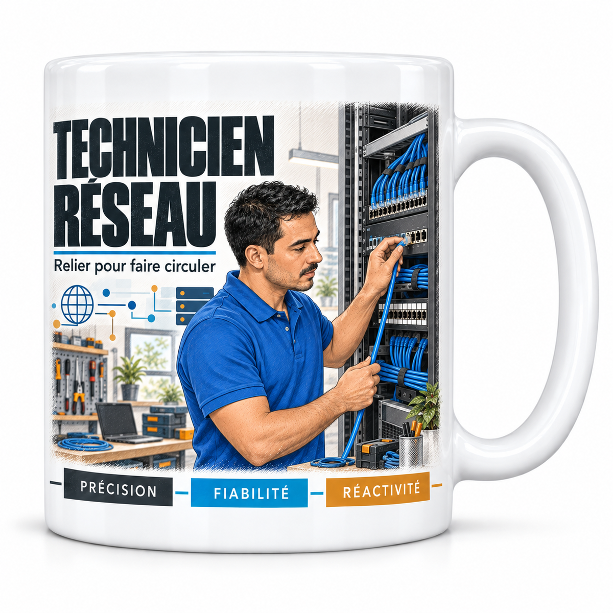 Mug céramique blanc Technicien Réseau : le technicien réseau brun en polo bleu roi, devise Relier pour faire circuler, cartouches Précision, Fiabilité, Réactivité