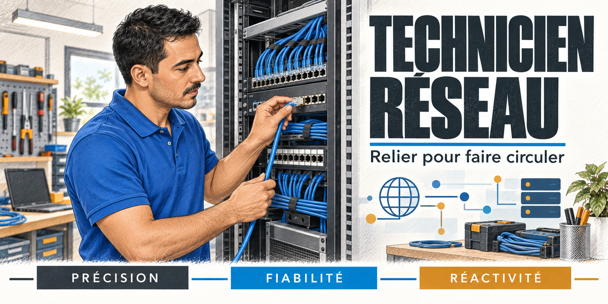 Design du mug Technicien Réseau : titre en capitales noires, le technicien réseau brun en polo bleu roi, qui enfiche un câble Ethernet bleu dans le panneau de brassage d'une baie de serveurs, les faisceaux de câbles bleus, le mur d'outils et les icônes de globe et de serveurs de l'atelier, cartouches Précision, Fiabilité, Réactivité