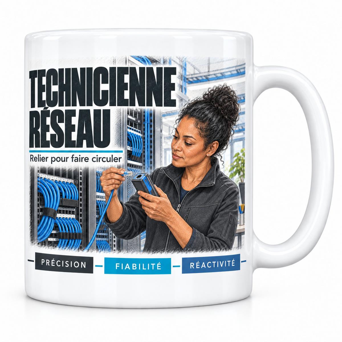 Mug céramique blanc Technicienne Réseau : la technicienne réseau aux boucles brunes relevées, devise Relier pour faire circuler, cartouches Précision, Fiabilité, Réactivité