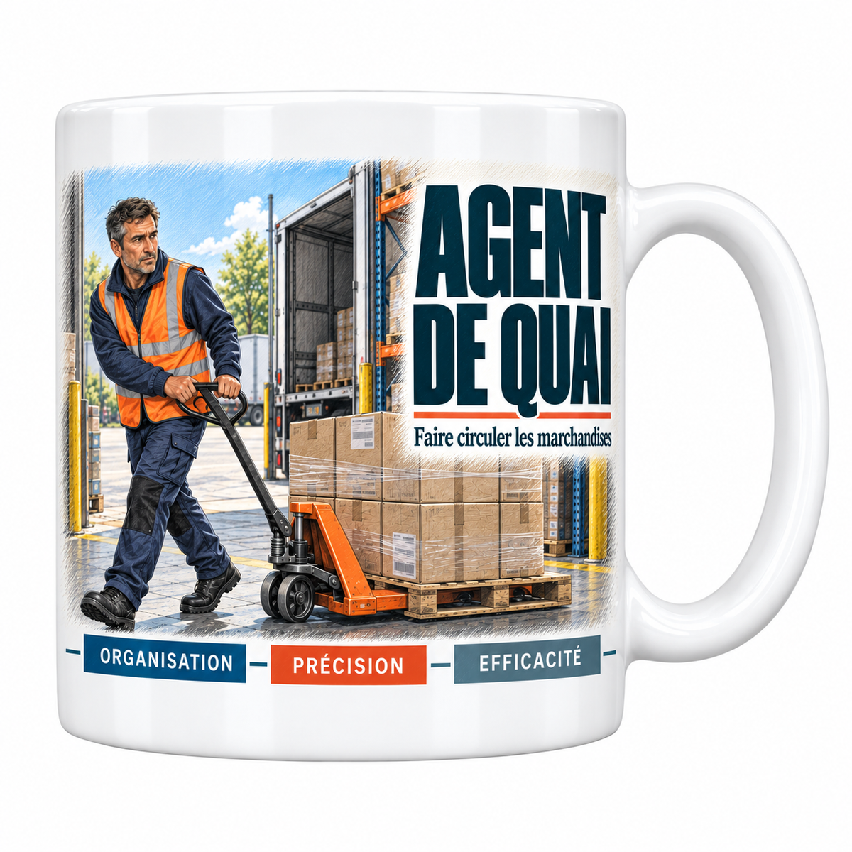 Mug céramique blanc Agent de Quai : l'agent de quai en gilet orange fluo sur sa tenue bleu marine, devise Faire circuler les marchandises, cartouches Organisation, Précision, Efficacité
