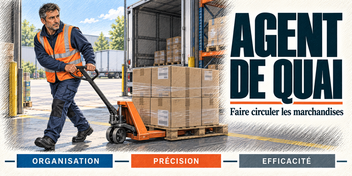 Design du mug Agent de Quai : titre en grandes capitales bleu nuit, l'agent de quai en gilet orange fluo sur sa tenue bleu marine, qui tire un transpalette chargé de cartons filmés sur une palette, devant le camion ouvert à quai et les racks de l'entrepôt, cartouches Organisation, Précision, Efficacité
