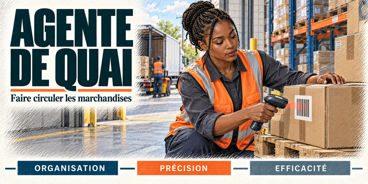 Design du mug Agente de Quai : titre en grandes capitales bleu nuit, l'agente de quai aux tresses relevées, gilet orange sur chemise grise, qui scanne le code-barres d'un carton avec sa douchette, le camion à quai, le chariot élévateur et les racks de l'entrepôt derrière elle, cartouches Organisation, Précision, Efficacité