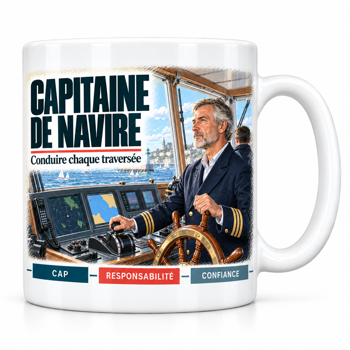 Mug céramique blanc Capitaine de Navire : le capitaine aux cheveux gris et à la barbe courte, devise Conduire chaque traversée, cartouches Cap, Responsabilité, Confiance