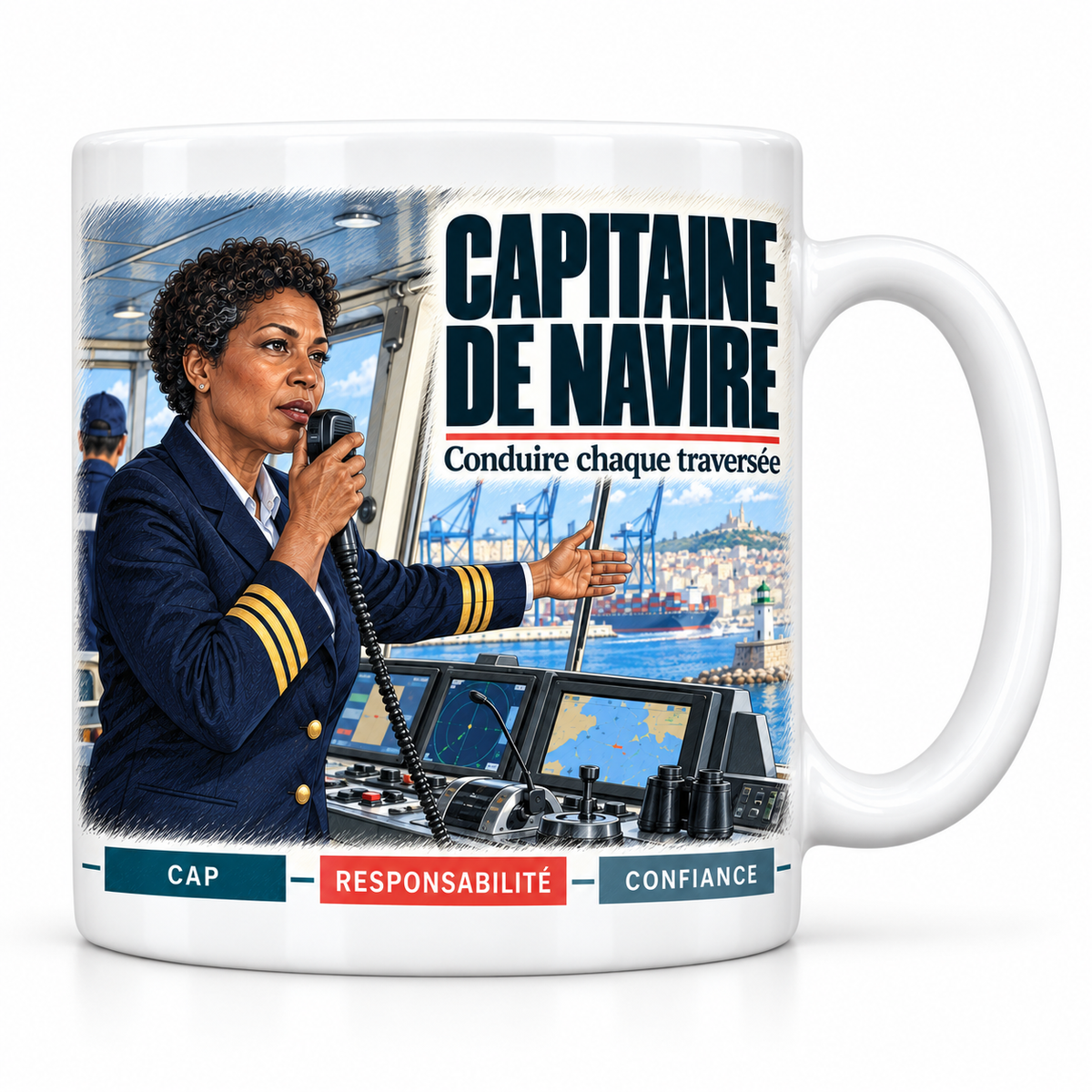 Mug céramique blanc Capitaine de Navire Femme : la capitaine aux cheveux courts bouclés, devise Conduire chaque traversée, cartouches Cap, Responsabilité, Confiance