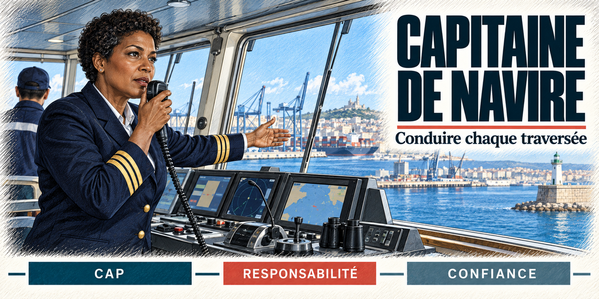 Design du mug Capitaine de Navire Femme : titre en grandes capitales bleu nuit, la capitaine aux cheveux courts bouclés, en vareuse bleu marine à galons dorés, le combiné VHF à la main, qui désigne le port et ses grues depuis la passerelle, écrans de navigation et jumelles devant elle, cartouches Cap, Responsabilité, Confiance