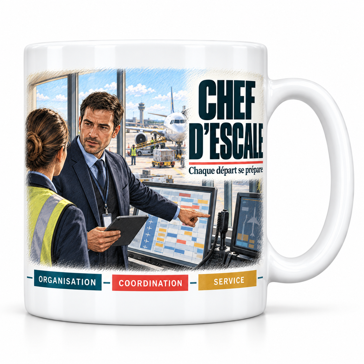 Mug céramique blanc Chef d'Escale : le chef d'escale en costume bleu marine et badge, devise Chaque départ se prépare, cartouches Organisation, Coordination, Service