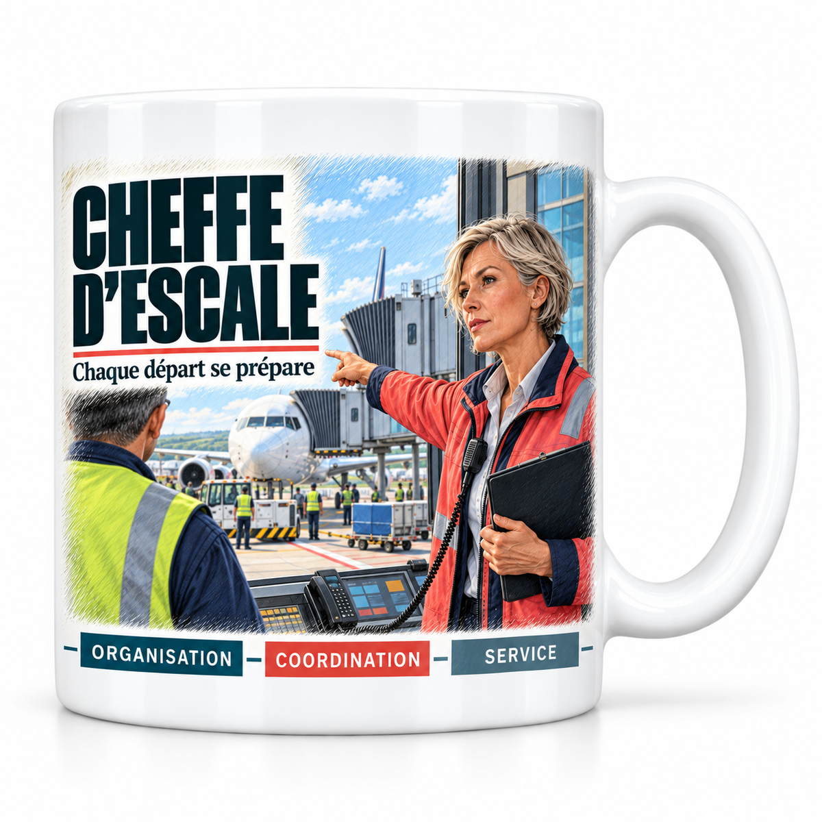 Mug céramique blanc Cheffe d'Escale : la cheffe d'escale aux cheveux gris courts, devise Chaque départ se prépare, cartouches Organisation, Coordination, Service