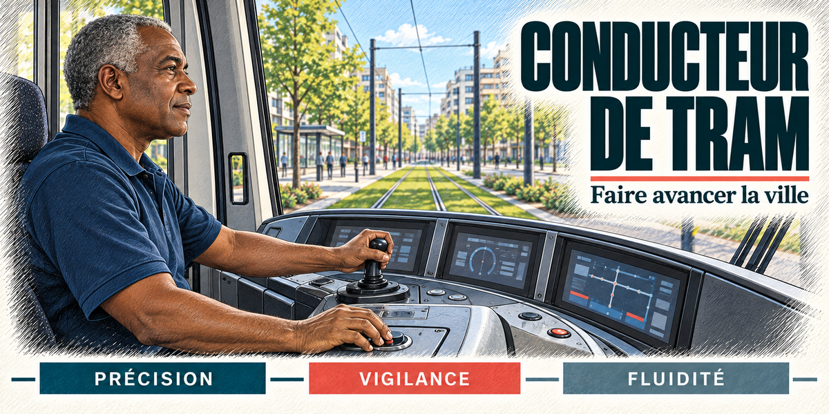 Design du mug Conducteur de Tram : titre en grandes capitales bleu nuit, le conducteur de tram aux cheveux gris, en polo bleu marine, la main sur le manipulateur de traction dans sa cabine, les rails engazonnés et les arbres de l'avenue devant le pare-brise, cartouches Précision, Vigilance, Fluidité