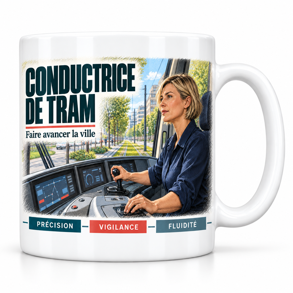 Mug céramique blanc Conductrice de Tram : la conductrice de tram blonde, devise Faire avancer la ville, cartouches Précision, Vigilance, Fluidité