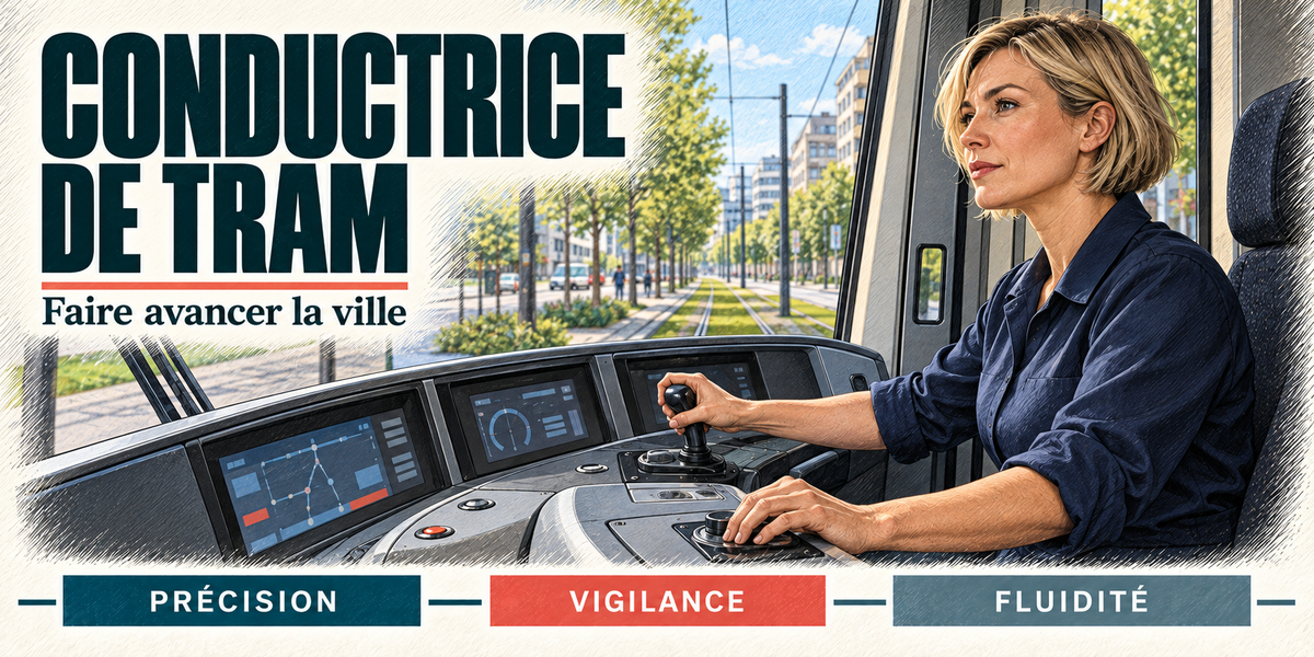 Design du mug Conductrice de Tram : titre en grandes capitales bleu nuit, la conductrice de tram blonde, en chemise bleu marine, assise à son pupitre de conduite, écrans et manipulateur devant elle, la plateforme engazonnée et les immeubles de la ville par le pare-brise, cartouches Précision, Vigilance, Fluidité