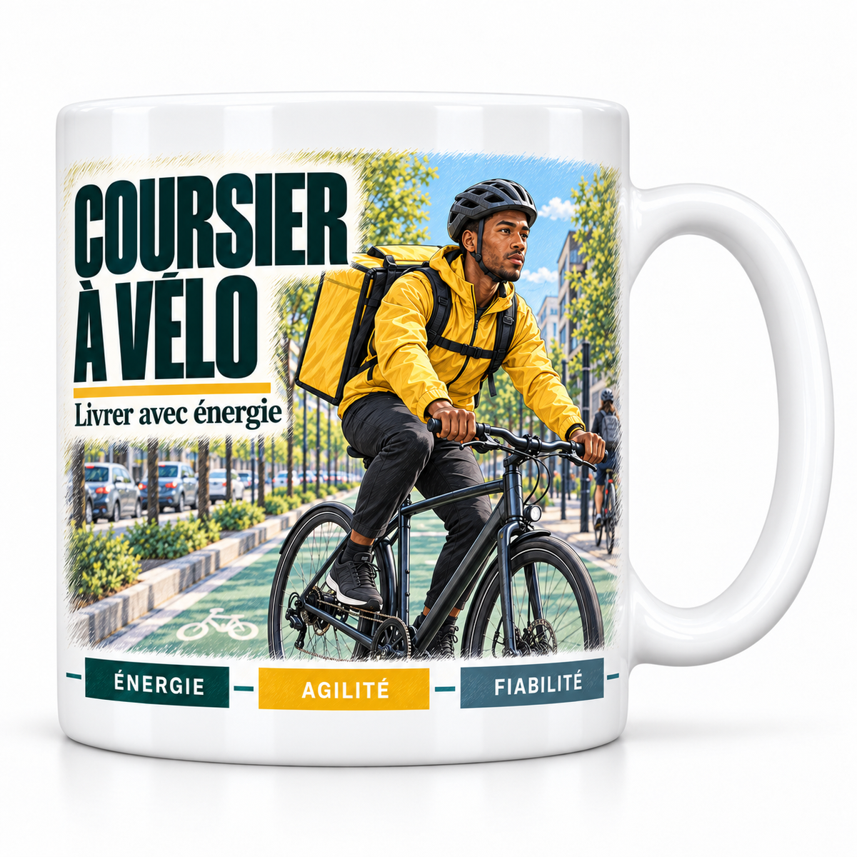 Mug céramique blanc Coursier à Vélo : le coursier à vélo en veste jaune et casque gris, devise Livrer avec énergie, cartouches Énergie, Agilité, Fiabilité