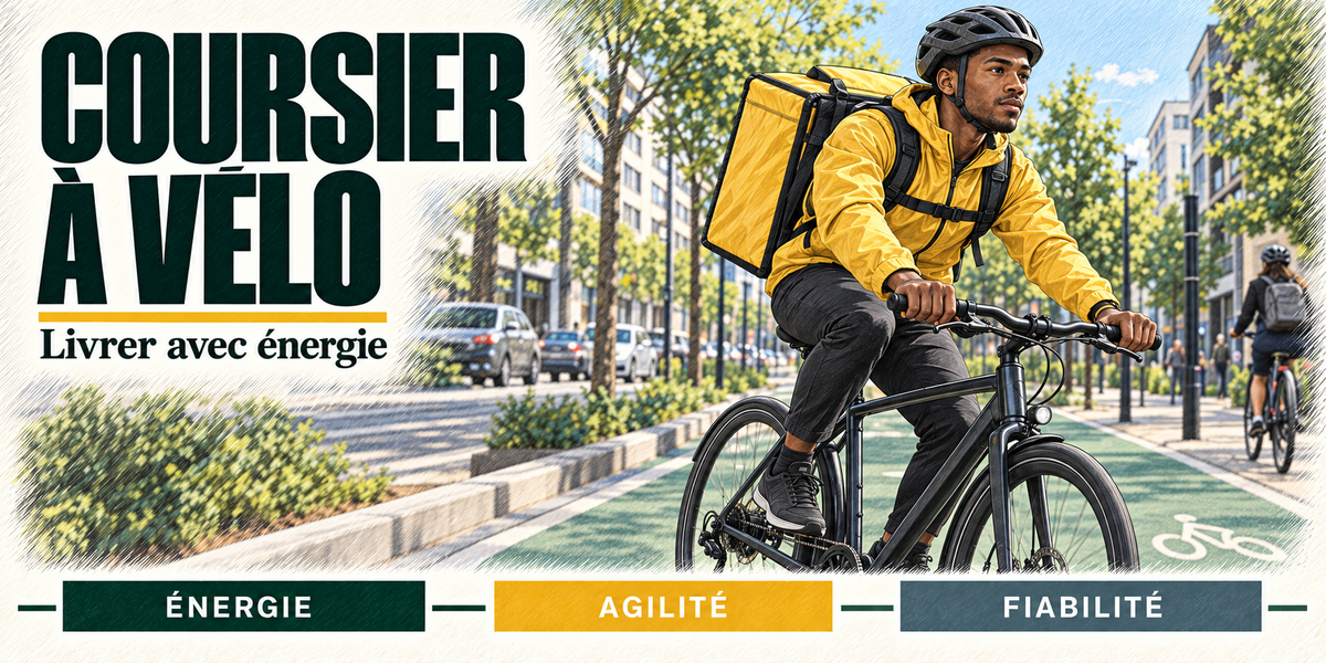 Design du mug Coursier à Vélo : titre en grandes capitales bleu nuit, le coursier à vélo en veste jaune et casque gris, le gros sac de livraison jaune sur le dos, lancé sur la piste cyclable d'une avenue bordée d'arbres, cartouches Énergie, Agilité, Fiabilité