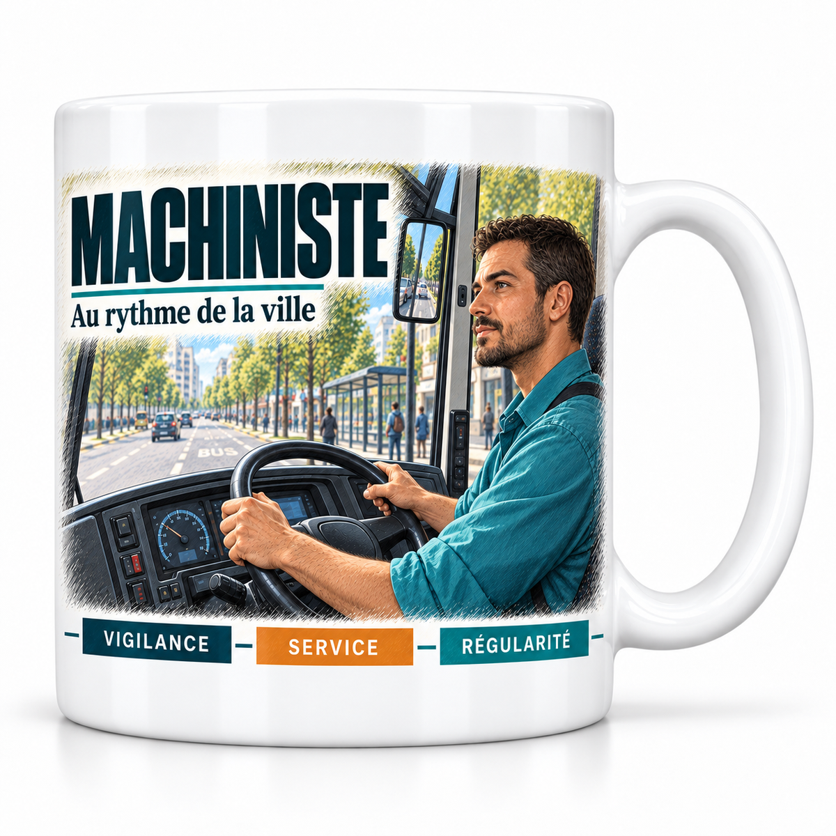 Mug céramique blanc Machiniste : le machiniste brun, devise Au rythme de la ville, cartouches Vigilance, Service, Régularité