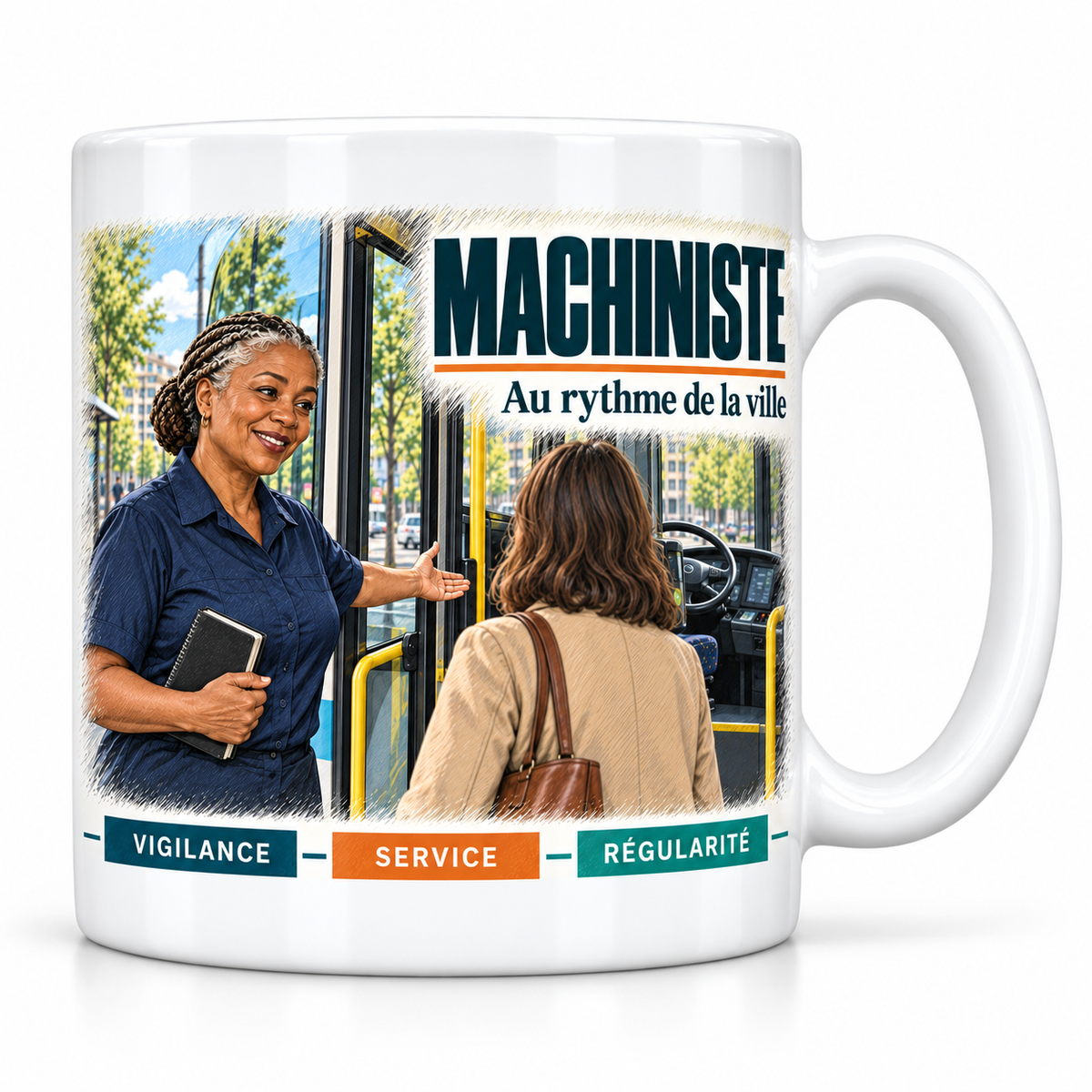 Mug céramique blanc Machiniste Femme : la machiniste aux tresses grises relevées, devise Au rythme de la ville, cartouches Vigilance, Service, Régularité