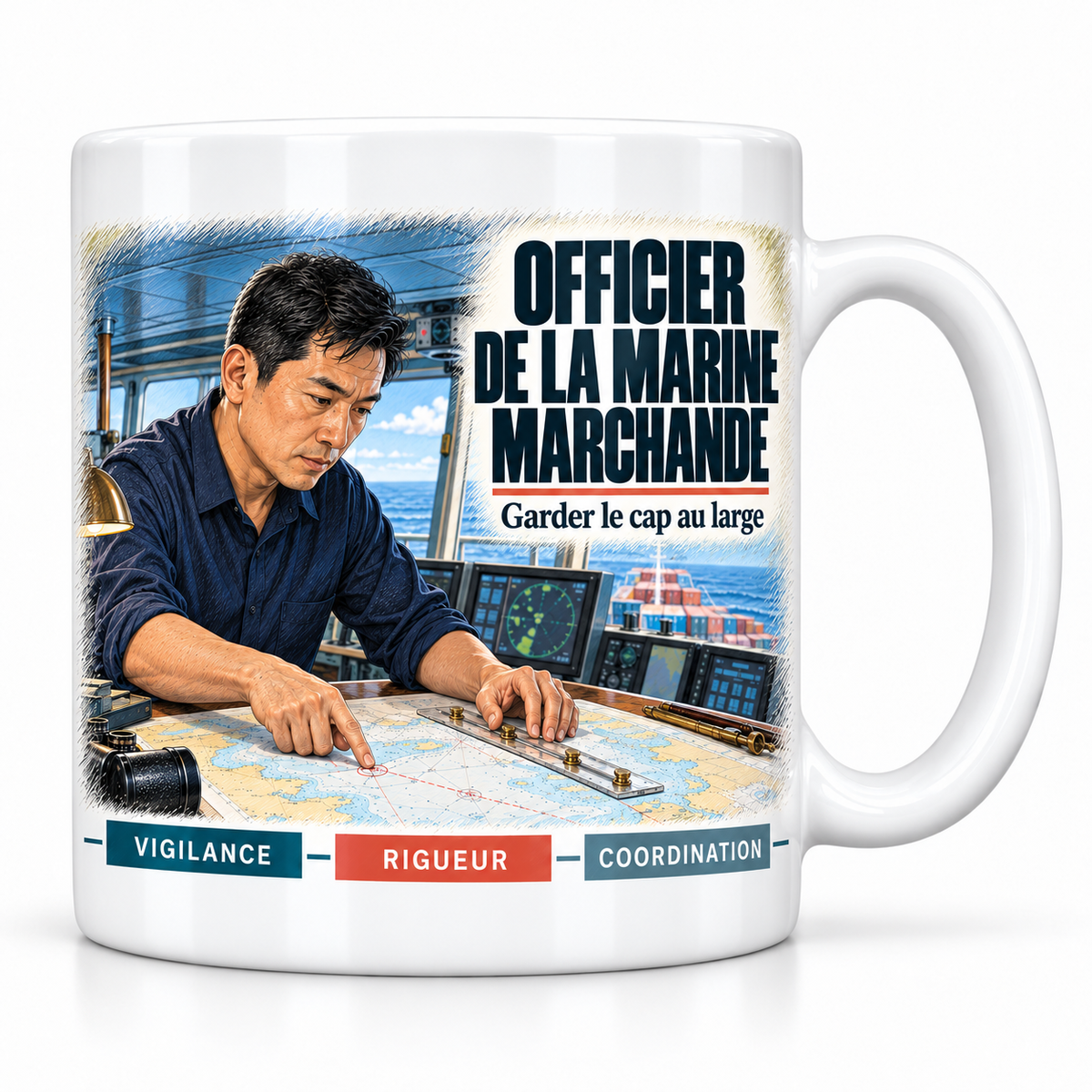Mug céramique blanc Officier de la Marine Marchande : l'officier de la marine marchande brun, devise Garder le cap au large, cartouches Vigilance, Rigueur, Coordination