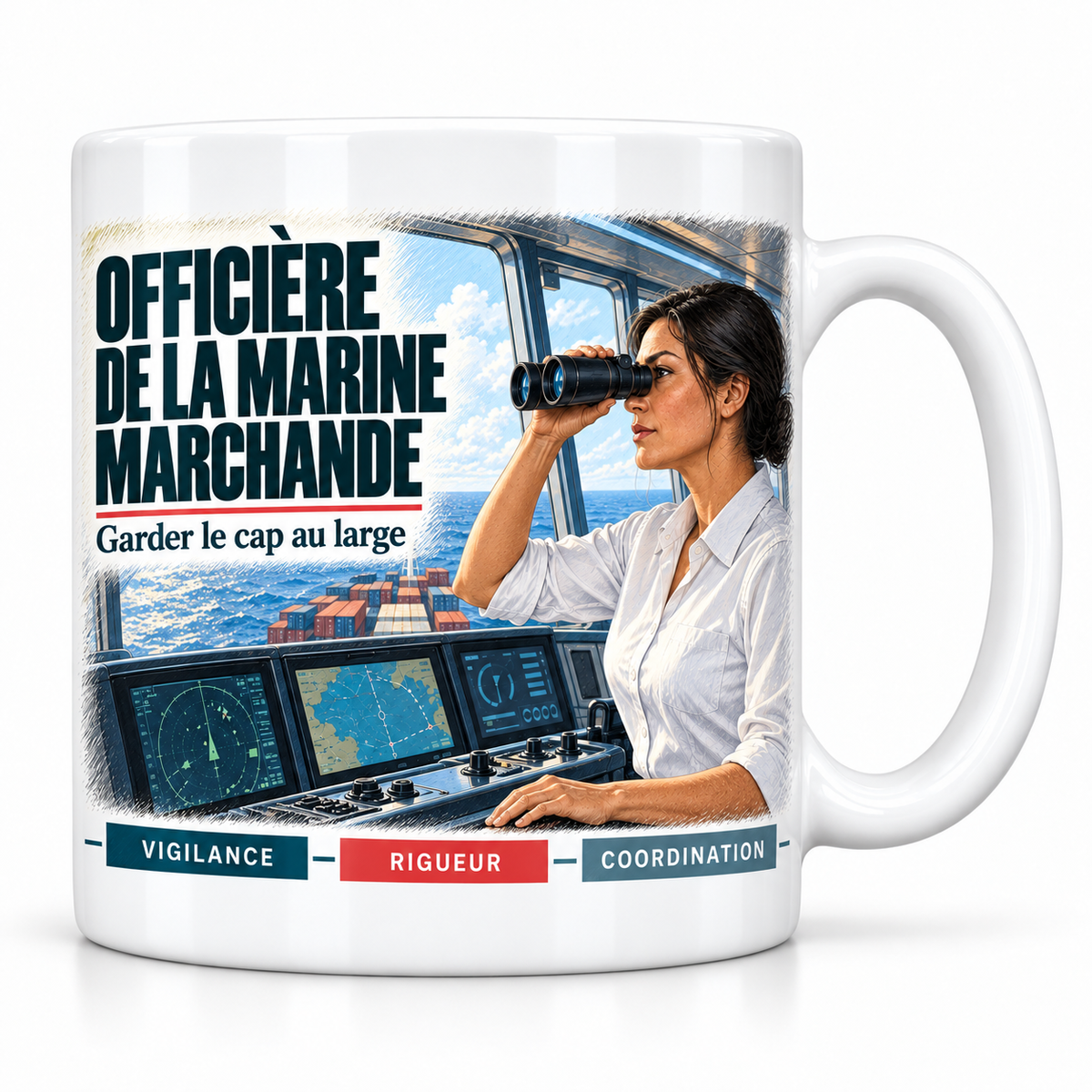 Mug céramique blanc Officière de la Marine Marchande : l'officière de la marine marchande brune au chignon, devise Garder le cap au large, cartouches Vigilance, Rigueur, Coordination