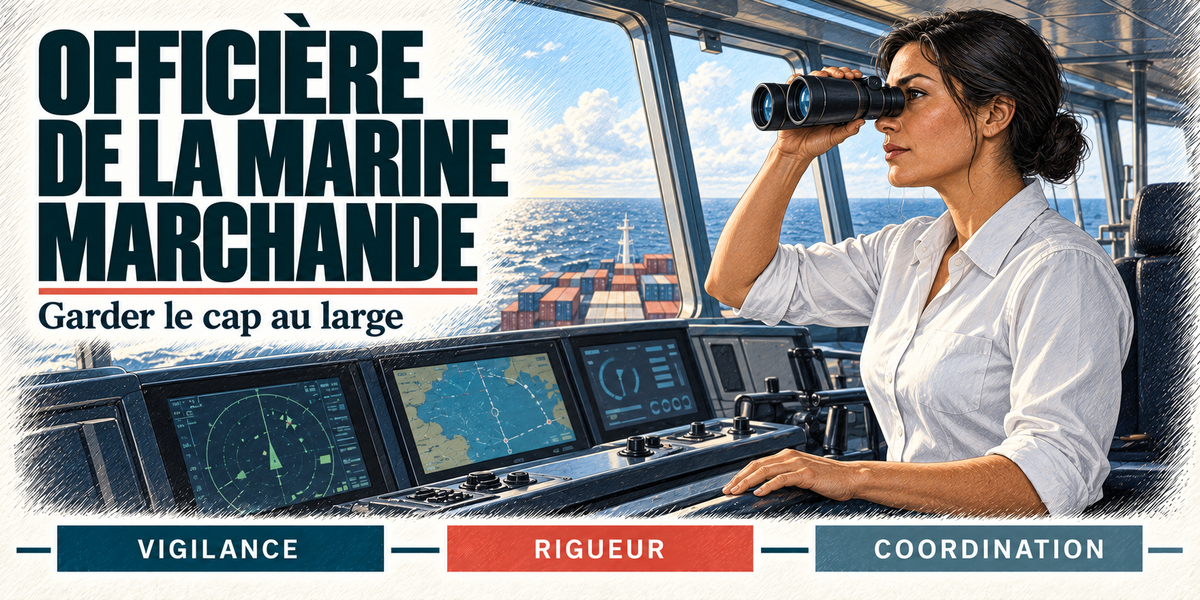 Design du mug Officière de la Marine Marchande : titre en grandes capitales bleu nuit, l'officière de la marine marchande brune au chignon, en chemise blanche, jumelles aux yeux sur la passerelle, radar et carte électronique devant elle, les conteneurs du pont et l'océan par les vitres, cartouches Vigilance, Rigueur, Coordination
