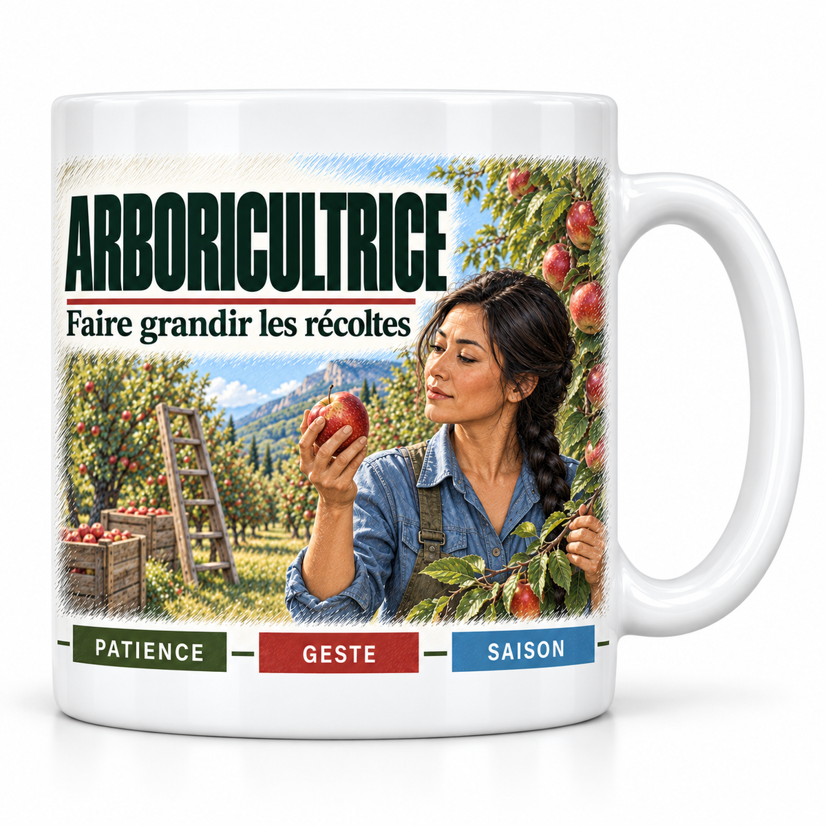Mug céramique blanc Arboricultrice : l'arboricultrice brune à la tresse, devise Faire grandir les récoltes, cartouches Patience, Geste, Saison