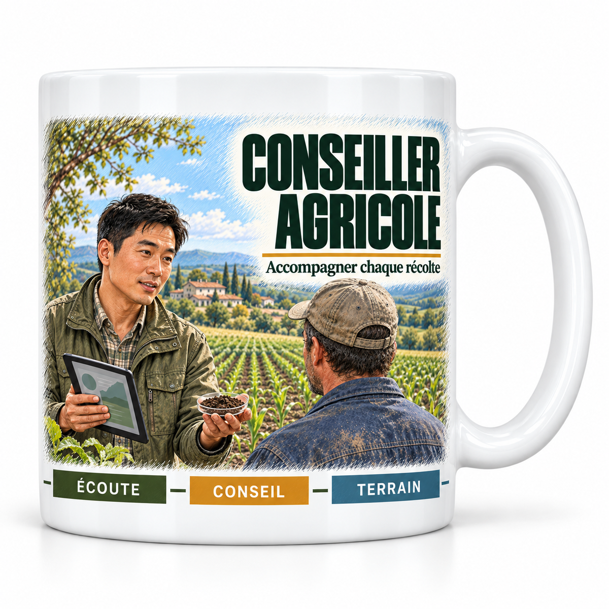 Mug céramique blanc Conseiller Agricole : le conseiller agricole en veste kaki, devise Accompagner chaque récolte, cartouches Écoute, Conseil, Terrain