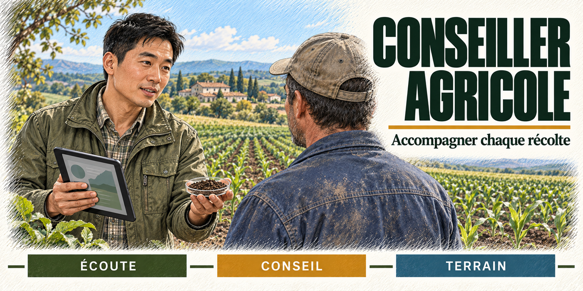 Design du mug Conseiller Agricole : titre en grandes capitales vert sapin, le conseiller agricole en veste kaki, tablette affichant la carte parcellaire dans une main et coupelle de terre dans l'autre, face à l'agriculteur en casquette, les rangs de maïs et le vallon derrière eux, cartouches Écoute, Conseil, Terrain