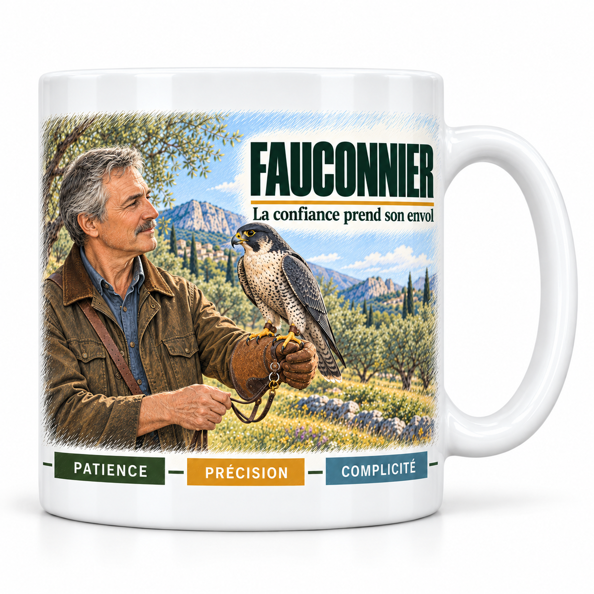 Mug céramique blanc Fauconnier : le fauconnier aux cheveux gris, devise La confiance prend son envol, cartouches Patience, Précision, Complicité
