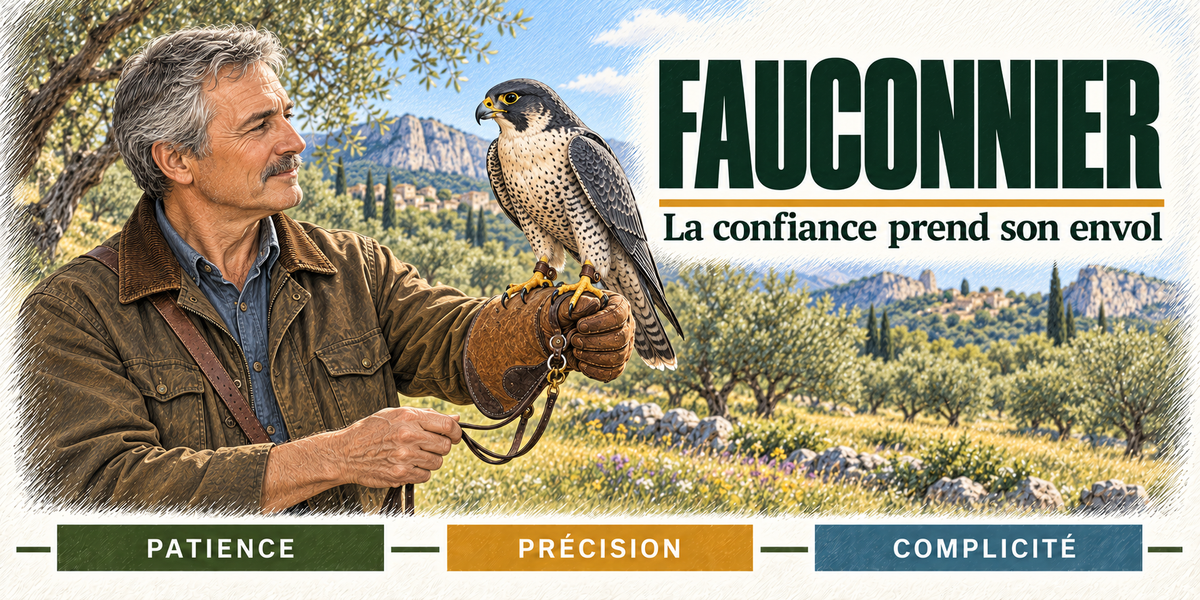 Design du mug Fauconnier : titre en grandes capitales vert sapin, le fauconnier aux cheveux gris, en veste marron, le faucon perché sur son gant de cuir, jets et longe dans l'autre main, la garrigue et les falaises claires derrière lui, cartouches Patience, Précision, Complicité
